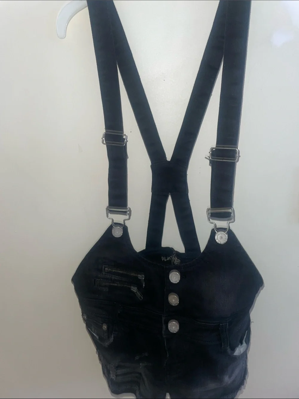 Black Denim Suspender distressed shorts